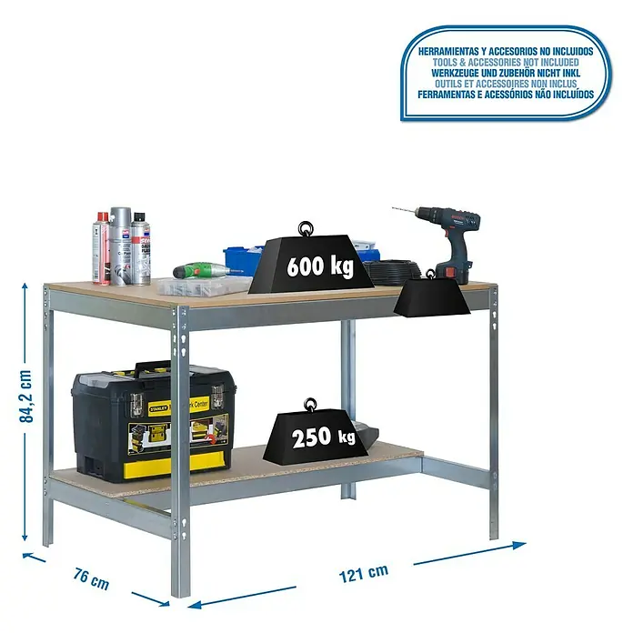 Simonrack Simonwork Werkbank BT0 1200 - L x B: 76 x 121 cm, Arbeitshöhe: 84,2 cm, Belastbarkeit: 850 kg, Silber/Holz - Abbildung einer Werkbank mit einer Traglast von bis zu 600 kg auf der Arbeitsplatte und 250 kg auf der Ablagefläche.