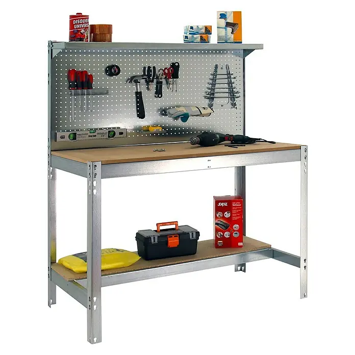 Simonrack Simonwork Werkbank Set BT3 1200 - L x B: 61 x 121 cm, Arbeitshöhe: 144,5 cm, Belastbarkeit: 600 kg, Verzinkt/Holz - Werkbank mit Werkzeugen und Zubehör, ideal für Heimwerkerprojekte und professionelle Arbeiten.