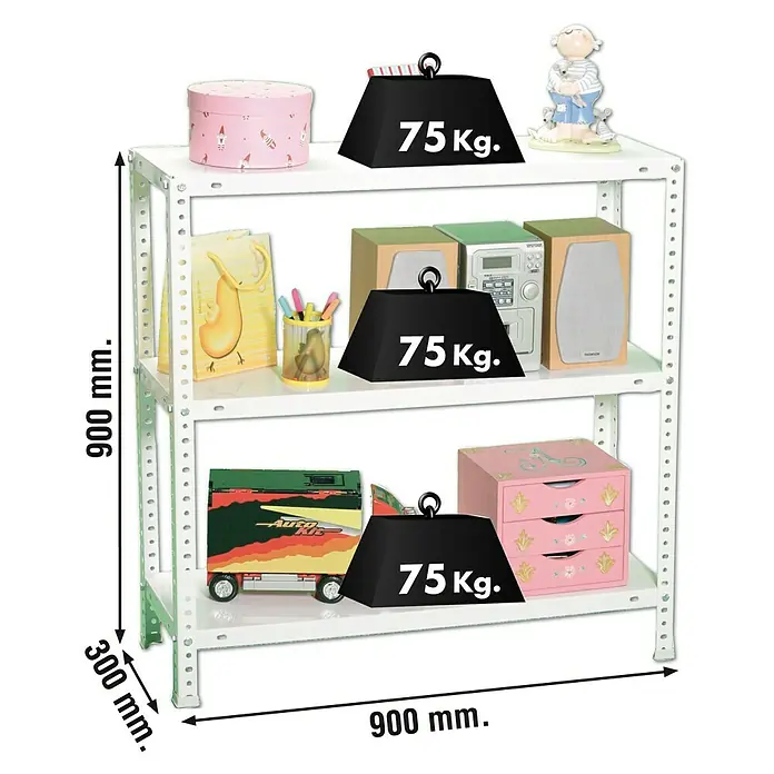 Simonrack Simonclassic Metallregal Advantage - H x B x T: 90 x 90 x 30 cm, Traglast pro Boden: 75 kg, Anzahl Böden: 3 Stk., Schrauben, Weiß - Ansicht eines weißen Metallregals mit drei Regalböden, auf denen diverse Gegenstände und schwarze Gewichte mit 75 kg stehen.