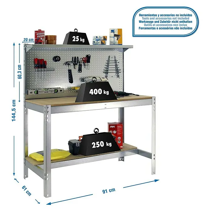Simonrack Simonwork Werkbank Set BT3 900 - L x B: 61 x 91 cm, Arbeitshöhe: 144,5 cm, Belastbarkeit: 400 kg, Verzinkt/Holz - Werkbank mit Werkzeugen, Zubehör und Abmessungen. Die Werkbank ist mit Gewichten zur Veranschaulichung der Tragfähigkeit versehen.
