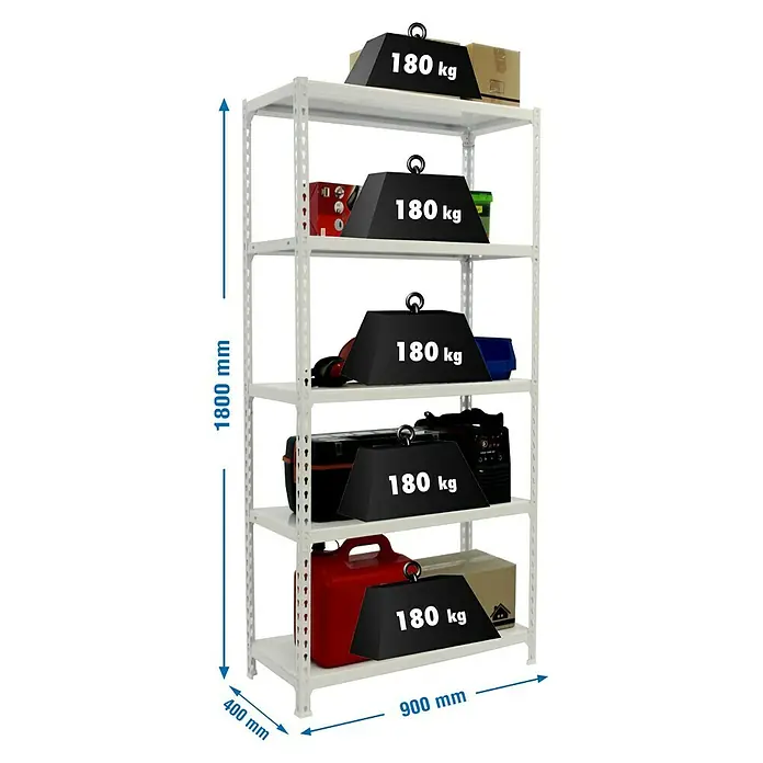 Simonrack Simonclick Metallregal Simonclick Plus - H x B x T: 180 x 90 x 40 cm, Traglast pro Boden: 180 kg, Anzahl Böden: 5 Stk., Stecken, Weiß/Weiß - Abbildung eines weißen Metallregals mit fünf Ebenen, wobei jede Ebene mit simulierten 180 kg belastet ist und die Abmessungen angegeben sind.