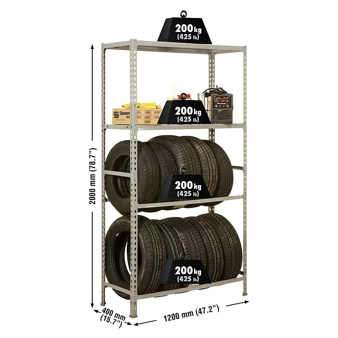 Simonrack Simonauto Reifenregal Simongarage MegaPlus - H x B x T: 200 x 120 x 40 cm, Traglast pro Träger: 180 kg, Anzahl Böden: 2 Stk., Stecken, Grau - Abbildung eines grauen Metallregals mit vier Ebenen, das mit Reifen, Kisten und einer Schweißmaschine beladen ist, inklusive Gewichtsangaben.