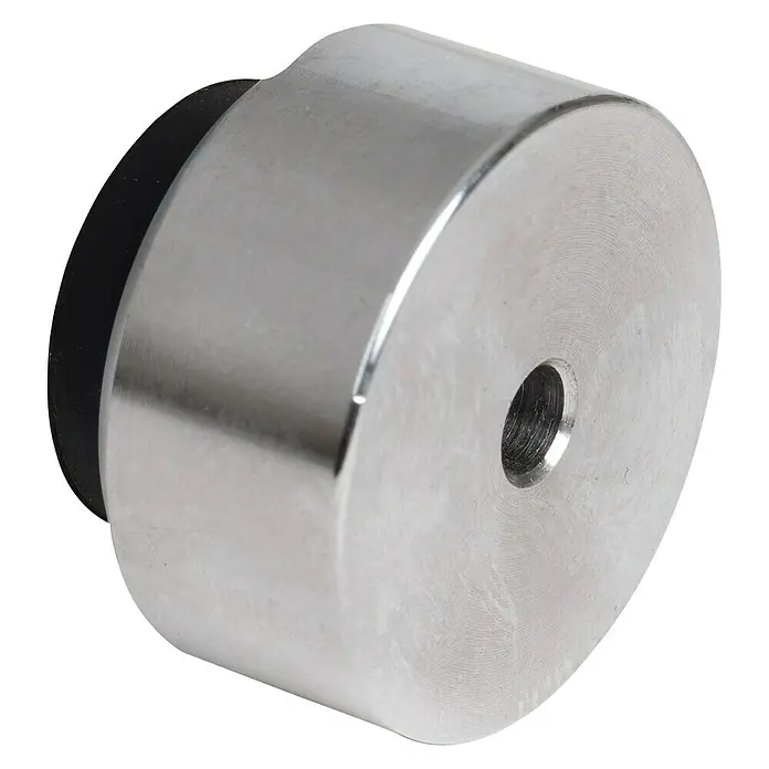 Wandtürstopper - Ø x H: 32 x 15 mm - Nahaufnahme eines silbernen Türstoppers mit einer schwarzen Gummiabdeckung und einem Loch in der Mitte.