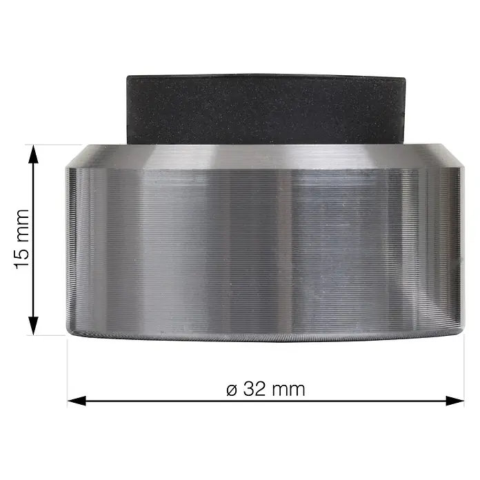 Wandtürstopper - Ø x H: 32 x 15 mm - Abbildung eines Türstoppers aus Metall mit Gummipuffer und Maßangaben (15 mm Höhe, 32 mm Durchmesser).