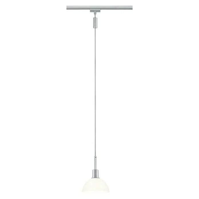 Paulmann URail Pendelleuchte Sarrasani - E14, Chrom-matt, Opal - Elegante Pendelleuchte mit einem schlanken, silberfarbenen Design und einer sanft leuchtenden, halbkugelförmigen Lampenschirm für stilvolle Beleuchtung.