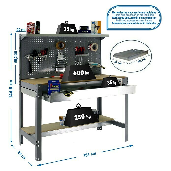 Simonrack Simonwork Werkbank (L x H: 61 x 144,5 cm, Breite: 151 cm, Traglast: 600 kg, Grau)