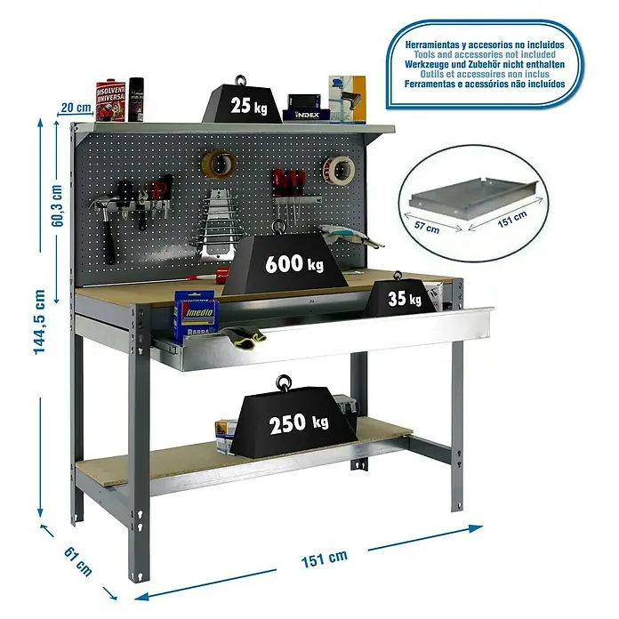 Simonrack Simonwork Werkbank Set BT3 Box 1500 - L x B: 61 x 151 cm, Arbeitshöhe: 144,5 cm, Belastbarkeit: 600 kg, Grau/Holz - Werkbank mit Werkzeugen und Zubehör, Abmessungen und Gewichtsangaben. Die Werkbank ist robust und bietet viel Stauraum.