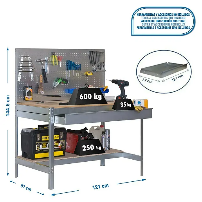 Simonrack Simonwork Werkbank Set BT2 Box 1200 - Verzinkt/Holz, Breite: 121 cm - Werkbank mit Werkzeugwand, Arbeitsplatte und Regalböden, belastbar mit Gewichten von 600 kg, 35 kg und 250 kg, Maße 144,5 cm Höhe, 121 cm Breite und 61 cm Tiefe.