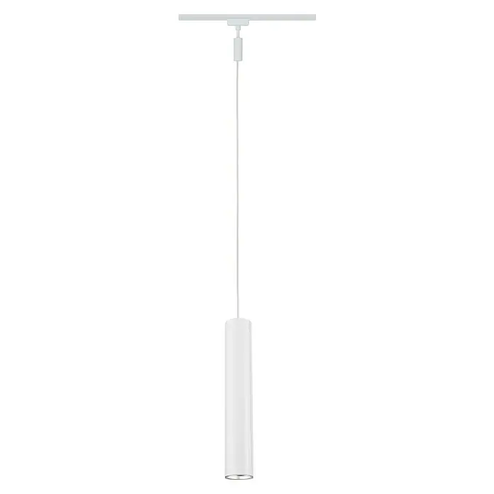 Paulmann URail Pendelleuchte Catalejo - 10 W, Weiß, Höhe: 38,3 cm - Nahaufnahme einer modernen, weißen Hängelampe mit zylindrischem Lampenschirm an einer Schiene. Das minimalistische Design passt gut zu modernen Interieurs.