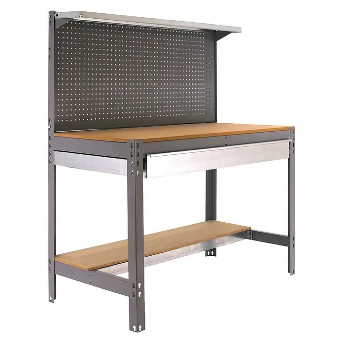 Simonrack Simonwork Werkbank Set BT3 Box 1200 - L x B: 61 x 121 cm, Arbeitshöhe: 144,5 cm, Belastbarkeit: 600 kg, Grau/Holz - Werkbank mit Werkzeugwand und Schublade, ideal für Heimwerker und Werkstätten. Robuste Konstruktion für vielfältige Arbeiten.