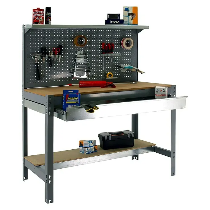 Simonrack Simonwork Werkbank Set BT3 Box 1200 - L x B: 61 x 121 cm, Arbeitshöhe: 144,5 cm, Belastbarkeit: 600 kg, Grau/Holz - Werkbank mit Werkzeugen und Zubehör, ideal für Heimwerker und Werkstätten. Robuste Konstruktion für vielseitige Projekte.