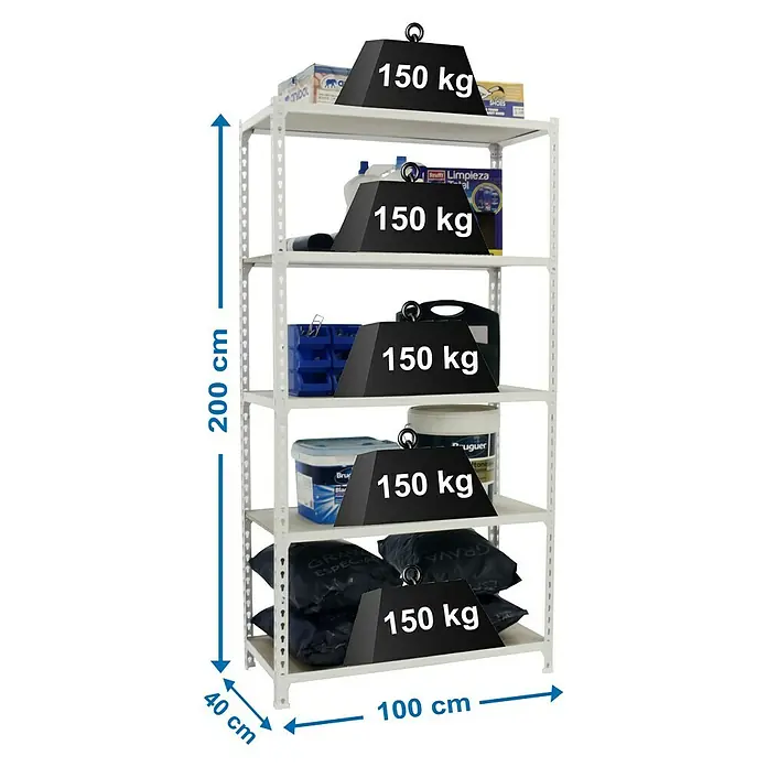 Simonrack Maderclick Metallregal Maderclick Plus - H x B x T: 200 x 100 x 40 cm, Traglast pro Boden: 150 kg, Anzahl Böden: 5 Stk., Stecken, Weiß - Ansicht eines weißen Metallregals mit fünf Ebenen, das mit verschiedenen Gegenständen und schwarzen Gewichten beladen ist, um die Tragfähigkeit zu demonstrieren.