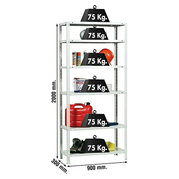 Simonrack Simonclassic Metallregal Advantage - H x B x T: 200 x 90 x 30 cm, Traglast pro Boden: 75 kg, Anzahl Böden: 6 Stk., Schrauben, Weiß - Abbildung eines weißen Metallregals mit sechs Ebenen, gefüllt mit verschiedenen Gegenständen und Gewichten, versehen mit Maßangaben.
