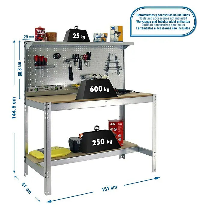 Simonrack Simonwork Werkbank Set BT3 1500 - L x B: 61 x 151 cm, Arbeitshöhe: 144,5 cm, Belastbarkeit: 600 kg, Verzinkt/Holz - Werkbank mit Lochwand, Ablage und Gewichtsangaben. Ideal für Werkstatt oder Hobbyraum. Stabile Konstruktion für vielfältige Arbeiten.