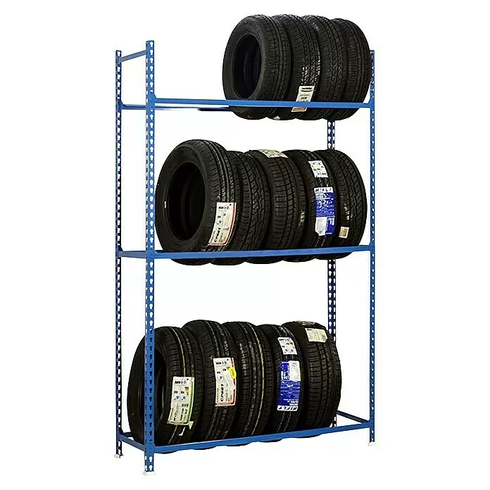 Simonrack Simonauto Reifenregal Autoclick - H x B x T: 200 x 100 x 40 cm, Anzahl Träger: 3 Stk., Stecken, Blau - Schwarze Autoreifen auf einem blauen dreistufigen Metalllagerregal gestapelt.