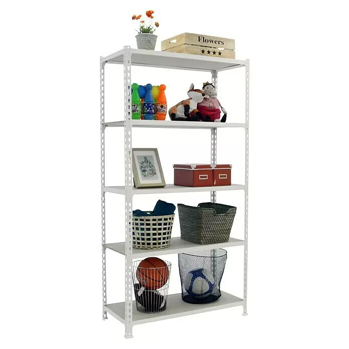 Simonrack Maderclick Metallregal Maderclick Plus - H x B x T: 200 x 100 x 50 cm, Traglast pro Boden: 150 kg, Anzahl Böden: 5 Stk., Stecken, Weiß - Weißes Metallregal mit fünf Ablagen, das verschiedene Haushalts- und Spielartikel präsentiert.