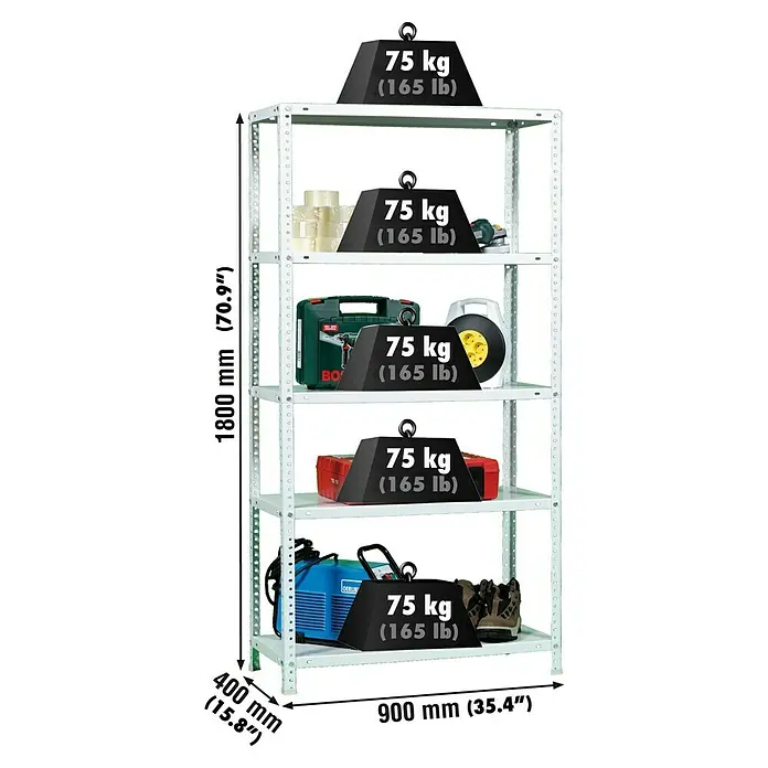 Simonrack Simonclassic Estantería metálica Advantage - Al x An x Pr: 180 x 90 x 40 cm, Capacidad de carga por balda: 75 kg, Número de baldas: 5 ud., Atornillado, Blanco - Una estantería metálica blanca robusta con cinco niveles, cada uno capaz de soportar hasta 75 kg, ideal para taller o almacén.