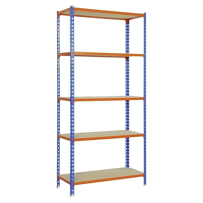Simonrack Maderclick Metallregal Maderclick MegaPlus - H x B x T: 200 x 120 x 40 cm, Traglast pro Boden: 200 kg, Anzahl Böden: 5 Stk., Stecken, Blau/Orange - Ein blau-orangefarbenes Regal mit fünf Regalböden. Ideal zur Aufbewahrung in Garage, Keller oder Lagerraum. Robustes und stabiles Design.