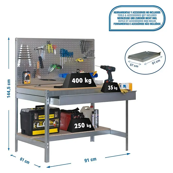 Simonrack Simonwork Werkbank Set BT2 Box 900 - Verzinkt/Holz, Breite: 91 cm - Abgebildete Werkbank mit Lochwand und zwei Ablageflächen, belastbar mit Gewichten von 400kg, 35kg und 250kg. Werkzeuge sind nicht inklusive.