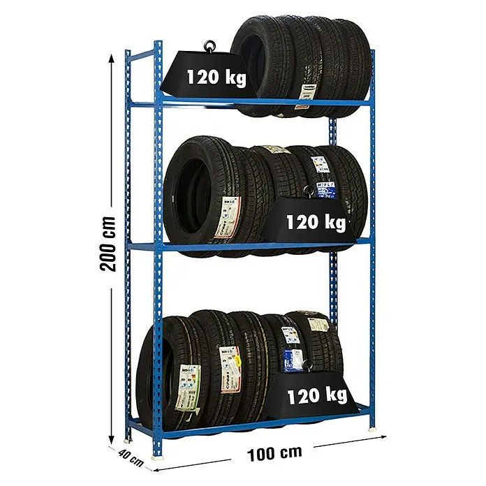 Simonrack Simonauto Reifenregal Autoclick - H x B x T: 200 x 100 x 40 cm, Anzahl Träger: 3 Stk., Stecken, Blau - Reifenregal mit drei Etagen zur Lagerung von Autoreifen, jede Etage mit 120 kg belastbar.