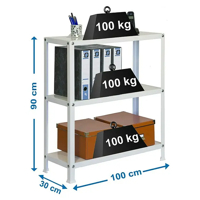 Simonrack Simonhome Metallregal Classic Plus - H x B x T: 90 x 100 x 30 cm, Traglast pro Boden: 100 kg, Anzahl Böden: 3 Stk., Schrauben, Weiß/Weiß - Ein weißes Regal mit drei Böden, beladen mit Büroartikeln und mit Gewichten beschwert, um die Belastbarkeit zu demonstrieren.