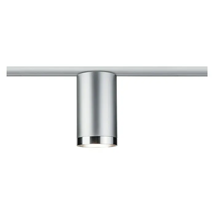 Paulmann URail LED-Spot Tube - Chrom, GU10, Ø x H: 6,5 x 12,8 cm - Eine silberne Schienenleuchte mit zylindrischem Strahler, die ein fokussiertes Licht nach unten wirft. Ideal für moderne Innenräume.