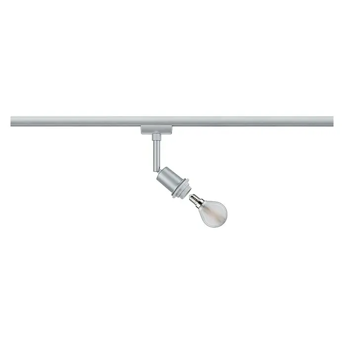 Paulmann URail LED-Spot DecoSystems - Lampenfassung: E14, Farbe: Chrom matt - Nahaufnahme einer stilvollen Schienenleuchte mit einer klaren, modernen Glühbirne vor einem dunklen Hintergrund.