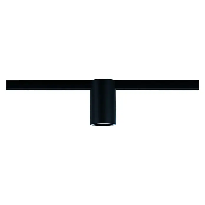 Paulmann URail Deckenleuchte Ceiling Socket - 20 W, Lampenfassung: E27, Schwarz matt - Schwarzer Strahler an einer schwarzen Schiene. Das runde Gehäuse ragt senkrecht von der Schiene nach unten. Klare Linien und modernes Design.