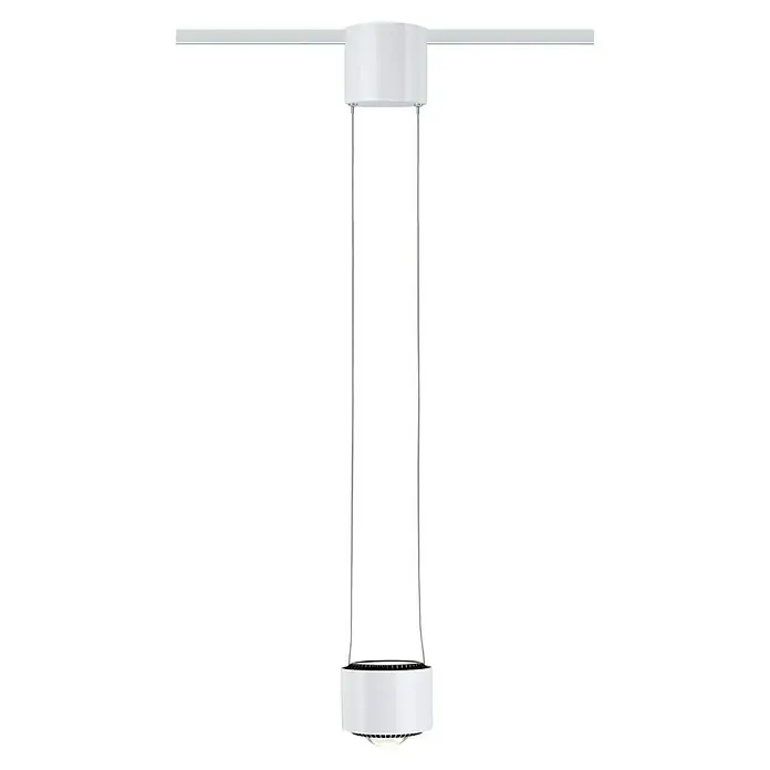 Paulmann URail LED-Pendelleuchte Aldan - Weiß, Dimmbar - Nahaufnahme einer modernen weißen Hängeleuchte mit zylindrischem Design und schlanken Aufhängungskabeln vor schwarzem Hintergrund.