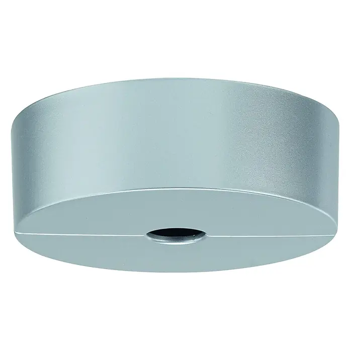 Paulmann URail LED-Spot Spot-Base - Chrom, 10 cm - Nahaufnahme einer grauen, runden Deckenleuchte mit einer Aussparung in der Mitte, die für eine stilvolle Beleuchtung sorgt.
