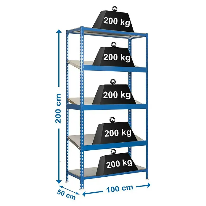 Simonrack Simonclick Metallregal Simonexpo - H x B x T: 200 x 100 x 50 cm, Traglast pro Boden: 200 kg, Anzahl Böden: 5 Stk., Stecken, Blau/Silber - Blaues Schwerlastregal mit fünf Ebenen, jede mit einem Gewicht von 200 kg belastet, Größenangaben inklusive.