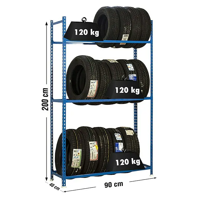 Simonrack Simonauto Reifenregal Autoclick - H x B x T: 200 x 90 x 40 cm, Anzahl Träger: 3 Stk., Stecken, Blau - Reifenregal mit drei Ebenen, beladen mit Reifen und Gewichten zur Gewichtsverteilung für sichere Lagerung.