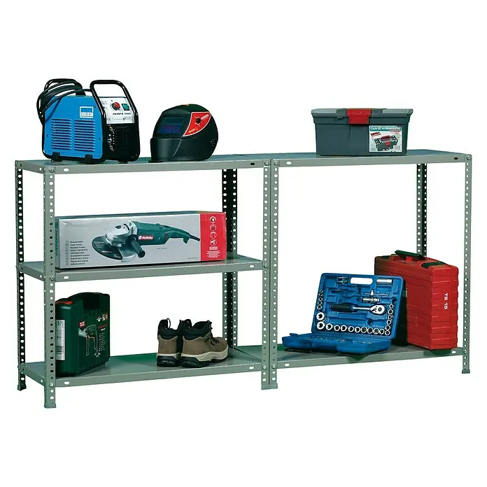 Simonrack Simonclassic Metallregal Comfort Plus - H x B x T: 200 x 100 x 40 cm, Traglast pro Boden: 100 kg, Anzahl Böden: 5 Stk., Schrauben, Grau - Werkzeugregal mit Schweißgeräten, Winkelschleifer, Werkzeugkästen und Arbeitsschuhen. Praktische Aufbewahrungslösung für Werkstatt oder Garage.