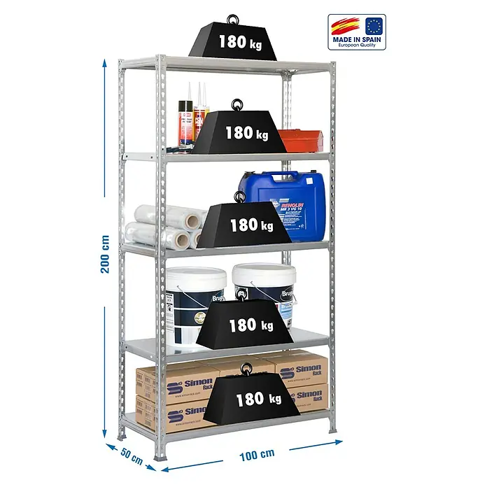 Simonrack Simonclick Metallregal Simonclick Plus - H x B x T: 200 x 100 x 50 cm, Traglast pro Boden: 180 kg, Anzahl Böden: 5 Stk., Stecken, Silber/Silber - Belastbares, graues Metallregal mit fünf Böden, gefüllt mit verschiedenen Artikeln und jeweils mit einem 180 kg Gewicht versehen.