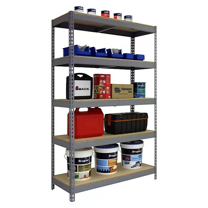 Simonrack Bricoforte Schwerlastregal Bricoforte Chipboard - H x B x T: 200 x 100 x 60 cm, Traglast pro Boden: 300 kg, Anzahl Böden: 5 Stk., Stecken, Grau - Anwendungsbeispiel