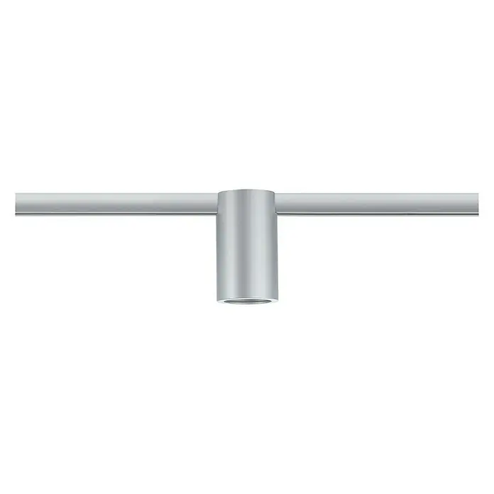 Paulmann URail Deckenleuchte Ceiling Socket - 20 W, Lampenfassung: E27, Chrom matt - Eine silberfarbene Deckenleuchte mit einem zylindrischen Körper und einer horizontalen Stange für eine moderne Beleuchtungslösung.