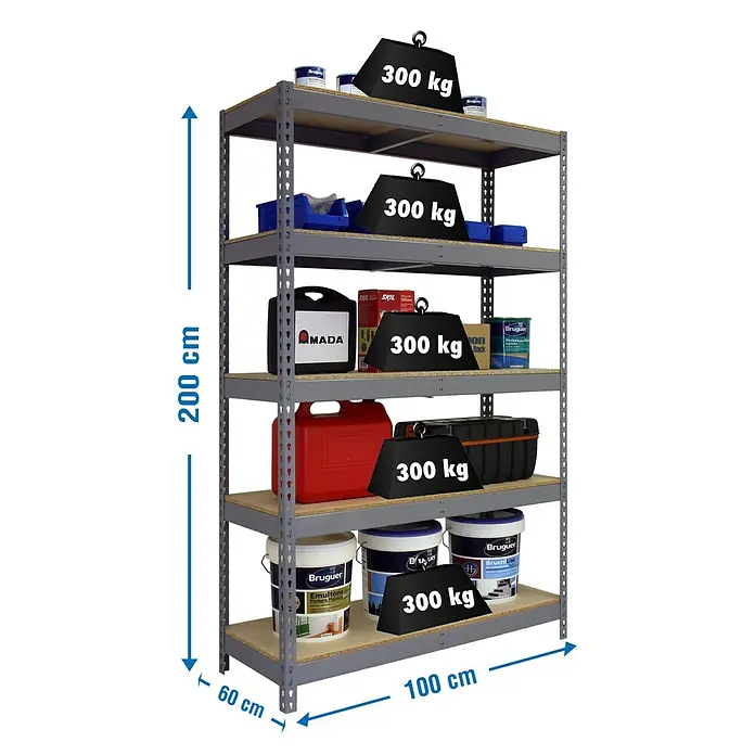 Simonrack Bricoforte Schwerlastregal Bricoforte Chipboard - H x B x T: 200 x 100 x 60 cm, Traglast pro Boden: 300 kg, Anzahl Böden: 5 Stk., Stecken, Grau - Abbildung eines Schwerlastregals mit fünf Ebenen, das mit diversen Behältern, Eimern und Werkzeugkisten beladen ist und die Maße 200 x 100 x 60 cm hat.