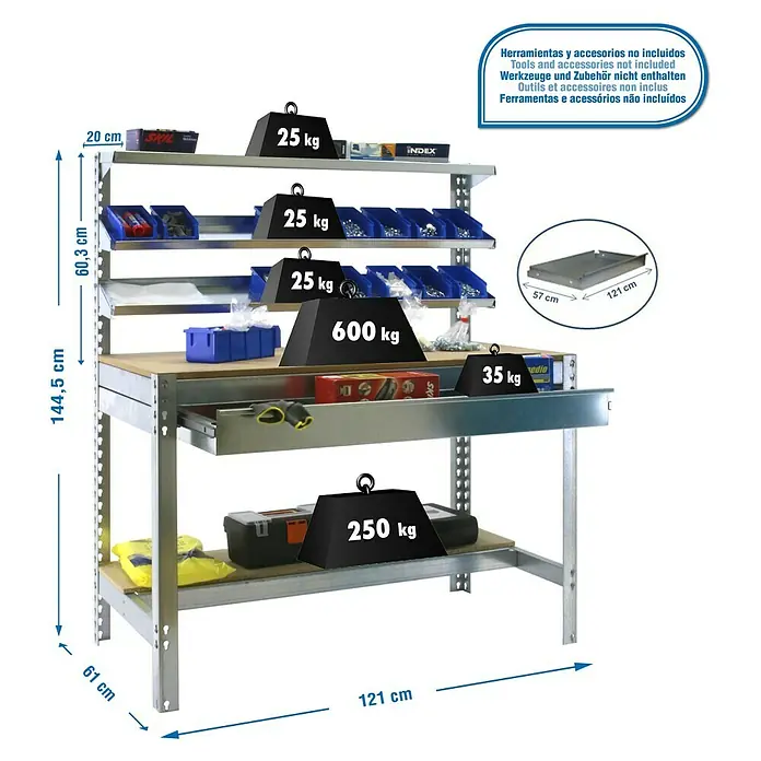 Simonrack Simonwork Werkbank BT1 Box 1200 - Breite: 121 cm, Verzinkt/Holz - Produktbild einer Werkbank mit Regalen, Schublade und einer Traglastangabe.
