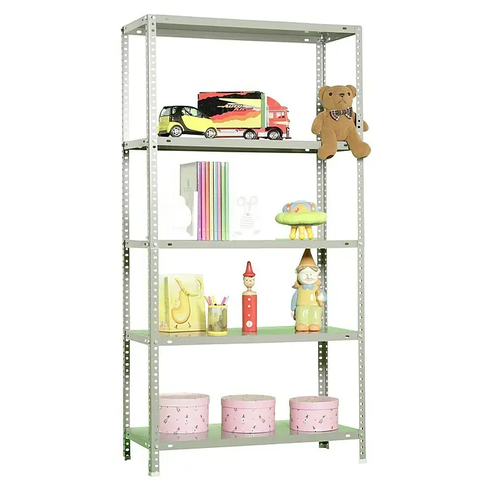 Simonrack Simonclassic Metallregal Advantage - H x B x T: 180 x 90 x 40 cm, Traglast pro Boden: 75 kg, Anzahl Böden: 5 Stk., Schrauben, Grau - Ein graues Metallregal mit vier Regalböden, auf denen sich Spielsachen, Bücher und dekorative Gegenstände befinden.