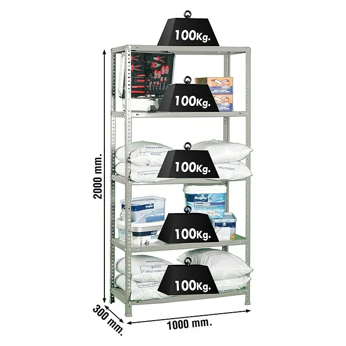 Simonrack Simonclassic Metallregal Comfort Plus - H x B x T: 200 x 100 x 30 cm, Traglast pro Boden: 100 kg, Anzahl Böden: 5 Stk., Schrauben, Grau - Abbildung eines Schwerlastregals mit fünf Ebenen, belastet mit Werkzeug, Farbe und Säcken, die jeweils mit 100 kg gekennzeichnet sind.