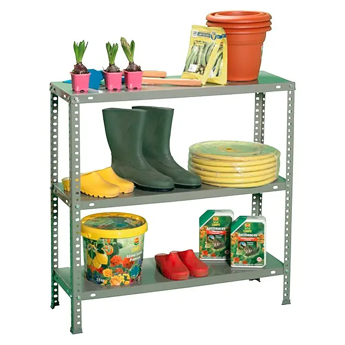 Simonrack Simonclassic Metallregal Advantage Super Plus - H x B x T: 90 x 110 x 30 cm, Traglast pro Boden: 75 kg, Anzahl Böden: 3 Stk., Schrauben, Grau - Ein Regal mit Gartenzubehör. Enthält Gummistiefel, Blumentöpfe, Samen, Dünger und anderes Zubehör für die Gartenarbeit.