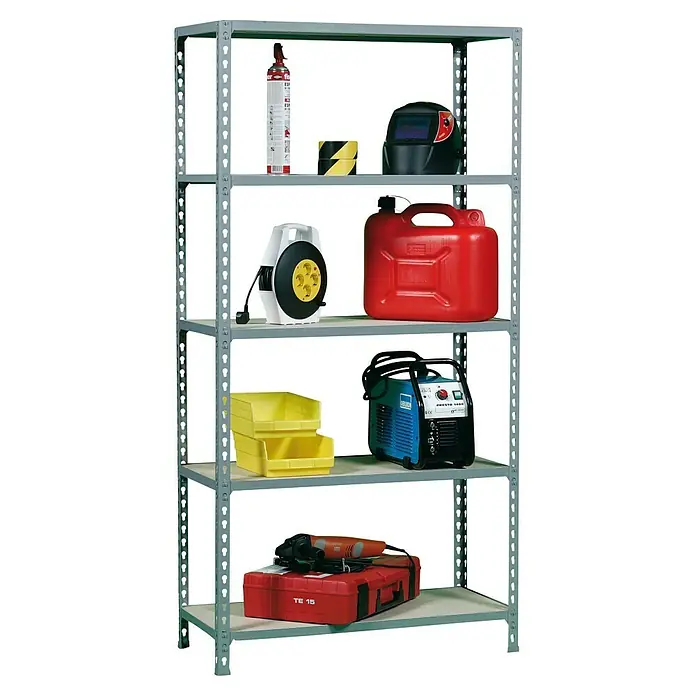 Simonrack Maderclick Metallregal Maderclick SuperPlus - H x B x T: 200 x 110 x 30 cm, Traglast pro Boden: 200 kg, Anzahl Böden: 5 Stk., Stecken, Grau - Werkstattregal mit verschiedenen Werkzeugen und Materialien, darunter eine Dose, ein Schweißhelm und ein Benzinkanister.