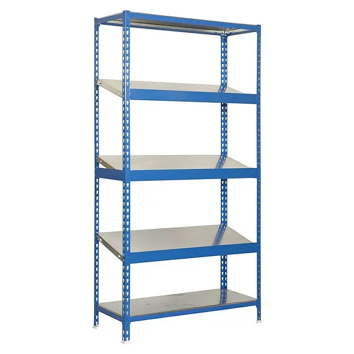 Simonrack Simonclick Metallregal Simonexpo - H x B x T: 200 x 100 x 50 cm, Traglast pro Boden: 200 kg, Anzahl Böden: 5 Stk., Stecken, Blau/Silber - Bild eines blauen Metallregals mit fünf Ebenen, ideal für Lagerung. Die robuste Konstruktion sorgt für Stabilität und Ordnung.