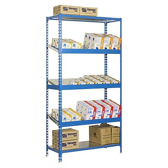 Simonrack Simonclick Metallregal Simonexpo - H x B x T: 200 x 100 x 50 cm, Traglast pro Boden: 200 kg, Anzahl Böden: 5 Stk., Stecken, Blau/Silber - Blaues Regal mit mehreren Regalböden, die mit Papierstapeln und Kartons von Simon Lx gefüllt sind. Praktisch für Lagerung.