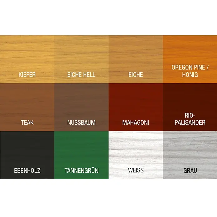 Bondex Holzlasur - Tannengrün, 750 ml, Glänzend - Farbmuster von Holzlasuren in verschiedenen Farben, darunter Kiefer, Eiche, Teak und Ebenholz, zur Auswahl der passenden Holzveredelung.