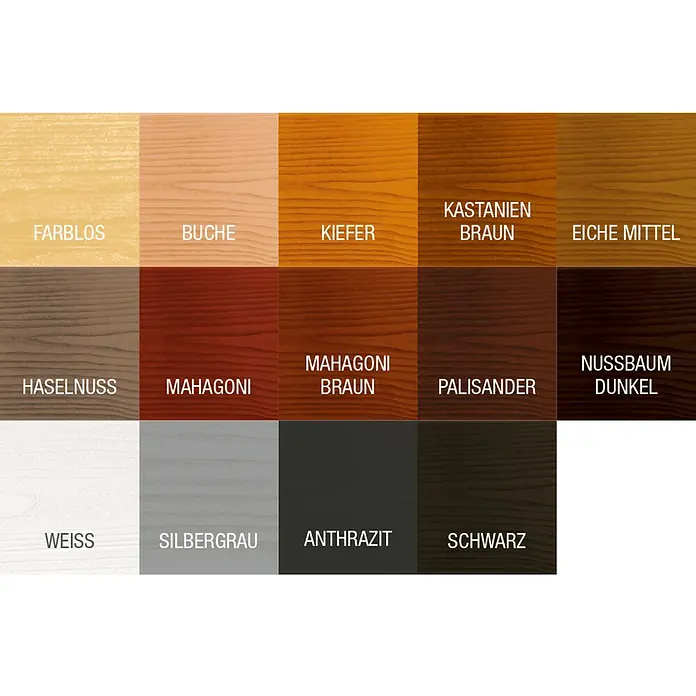 Bondex Lacklasur - Eiche, 375 ml, Seidenglänzend - Farbtabelle mit verschiedenen Holzfarben von farblos über Buche, Kiefer, Kastanie bis hin zu Schwarz für Möbel und Innenausbau.
