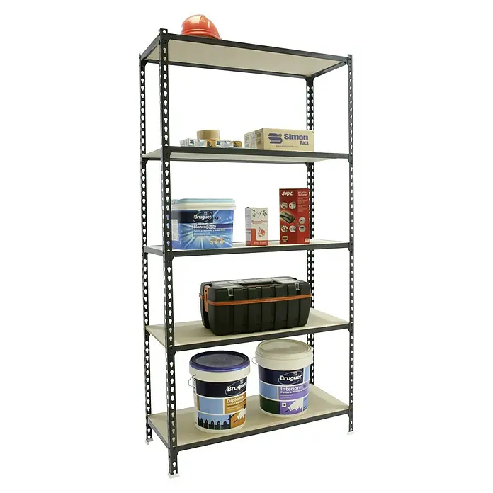 Simonrack Maderclick Metallregal Maderclick - H x B x T: 180 x 90 x 40 cm, Traglast pro Boden: 150 kg, Anzahl Böden: 5 Stk., Stecken, Anthrazitgrau - Das Bild zeigt ein Regal mit verschiedenen Werkzeugen und Behältern. Ideal zur Aufbewahrung und Organisation von Werkzeugen und Baumaterialien.