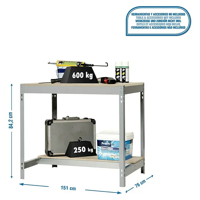 Simonrack Simonwork Werkbank BT0 1500 - L x B: 76 x 151 cm, Arbeitshöhe: 84,2 cm, Belastbarkeit: 850 kg, Grau/Holz - Abbildung eines Werkstatttisches mit den Maßen 84,2 cm Höhe, 151 cm Breite und 76 cm Tiefe, belastbar mit 600 kg oben und 250 kg unten.