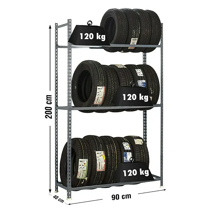 Simonrack Simonauto Reifenregal Autoclick - H x B x T: 200 x 90 x 40 cm, Anzahl Träger: 3 Stk., Stecken, Grau - Das Bild zeigt ein Reifenregal mit drei Ebenen, jede Ebene ist mit Reifen und einem Gewicht von 120 kg beladen. Das Regal hat eine Höhe von 200 cm.