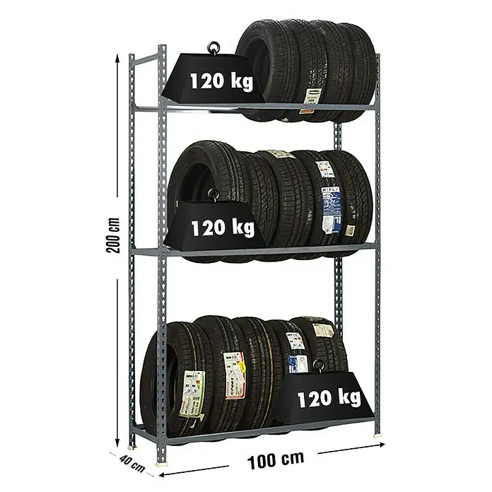 Simonrack Simonauto Reifenregal Autoclick - H x B x T: 200 x 100 x 40 cm, Anzahl Träger: 3 Stk., Stecken, Grau - Reifenregal mit drei Ebenen. Jede Ebene ist mit Reifen und einem Gewicht von 120 kg belastet.